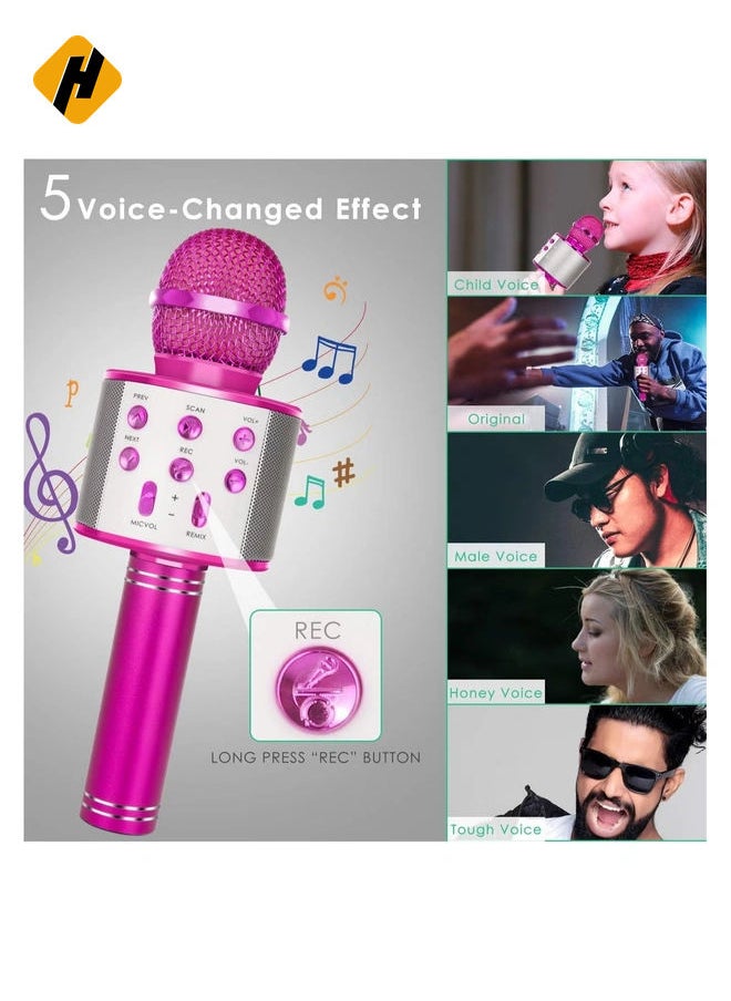 Wireless Bluetooth Karaoke Microphone for Kids, 5-in-1 Portable Handheld Karaoke Mic Speaker Player Recorder with Adjustable Remix FM Radio for Kids Girls Boys Teens Birthday (858-Hot Pink)