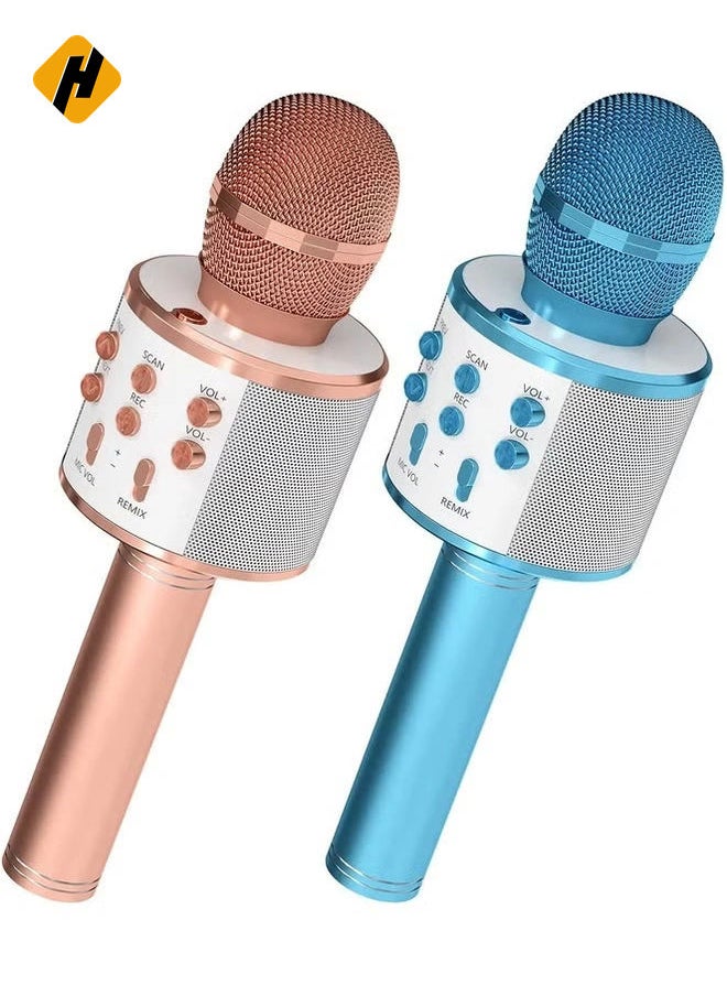 2-Pack Wireless Bluetooth Karaoke Microphones: Portable Handheld Mics with Speaker in Rose Gold & Blue – Perfect Gift for All Ages