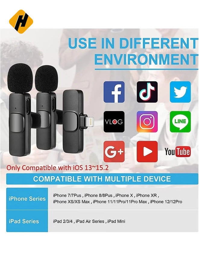 Wireless Microphone for iPhone iPad, Plug-Play Wireless Lavalier Mic with 2 Microphone for Phone Video Recording, Interview, Vlog, Auto Sync and Noise Reduction