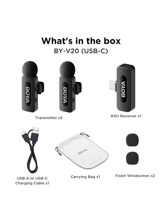 BOYA BY-V20 wireless microphone Noise Cancellation Lavalier Microphone Mini Mic 100M Transmission microphone for Vlogging TikTok YouTube Content Creators Live Streaming Interview Recording iPhone Android Smartphones Action DSLR Camera Laptop PC