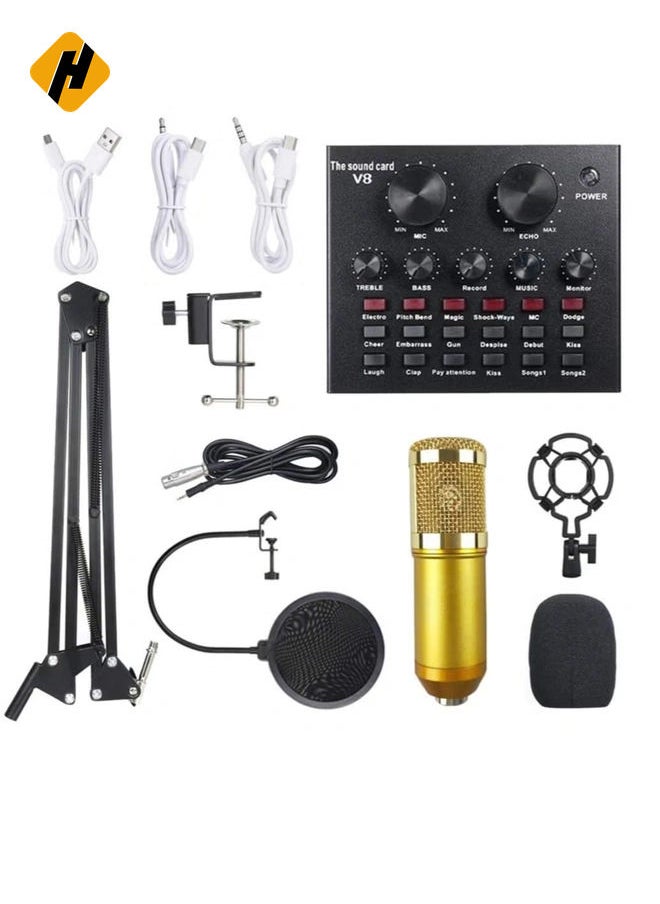 Multifunctional Live Sound Card & BM800 Suspension Microphone Kit Broadcasting Recording Condenser Microphone Set Intelligent Volume Adjustable Audio Mixer Sound Card for Computer PC Live S