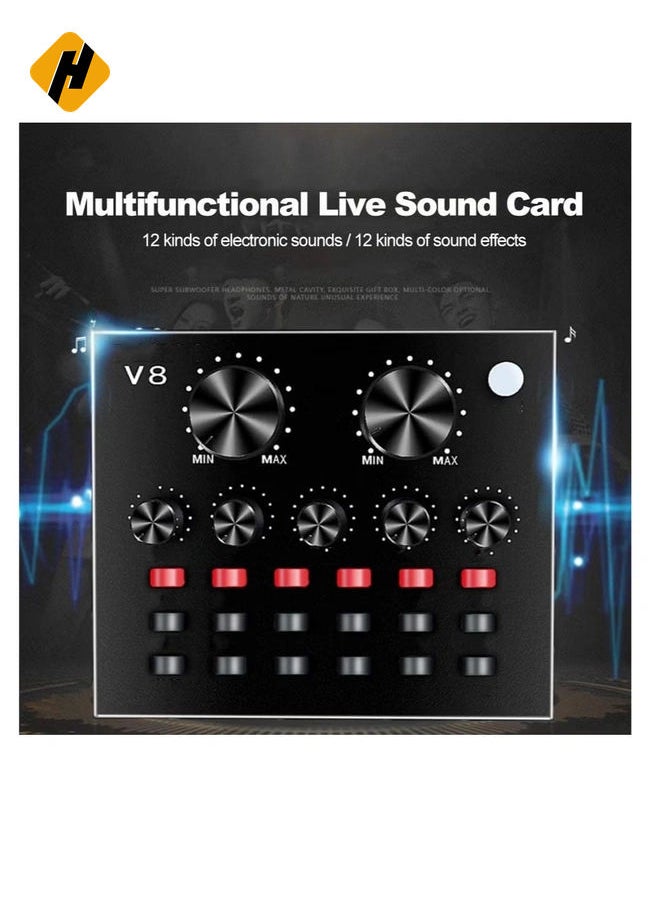 Multifunctional Live Sound Card & BM800 Suspension Microphone Kit Broadcasting Recording Condenser Microphone Set Intelligent Volume Adjustable Audio Mixer Sound Card for Computer PC Live S