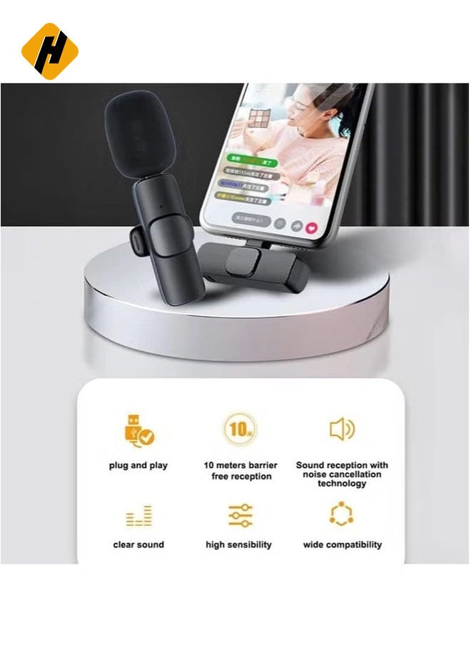 2 in 1 K8 Wireless Microphone, Digital Mini Portable Recording Clip Mic with Receiver for All Type-C Lightning Mobile Phones Camera Laptop for Blogging YouTube Online Class