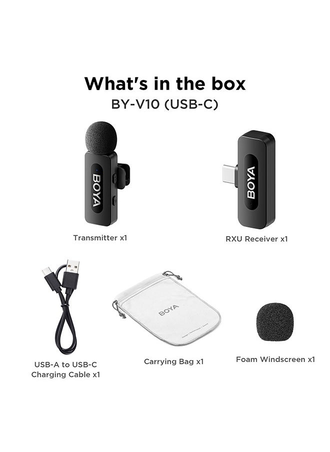 BOYA BY-V10 wireless microphone Noise Cancellation Lavalier Microphone Mini Mic 100M Transmission microphone for Vlogging TikTok YouTube Content Creators Live Streaming Interview Recording iPhone Android Smartphones Action DSLR Camera Laptop PC