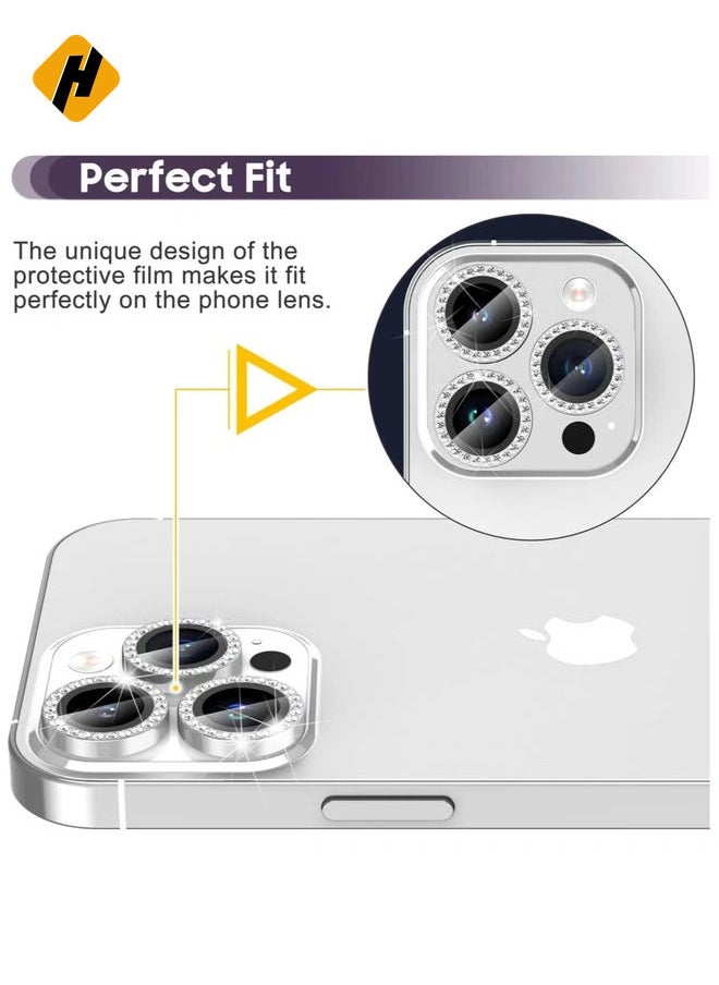 iPhone 14 Pro 6.1 inch /14 Pro Max 6.7 inch Camera Lens Protector, Set with Diamonds Bling Camera Cover Tempered Glass for iPhone 14 Pro Max /14 Pro [Perfectly Fit] - Diamond Silver