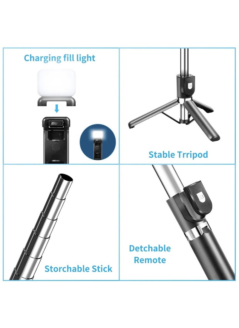 Selfie Stick Tripod with Light, 100cm Tripod with Wireless Remote, Portable Phone Holder, Phone Tripod for Tiktok Vlog Youtuber Live Video Record (Q07 Black)