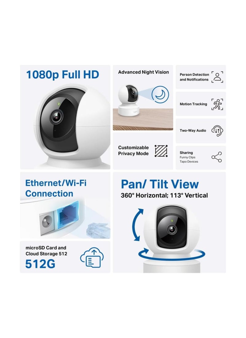 Tapo C202 1080P WiFi/Ethernet Camera Indoor Surveillance Camera with Person Detection Two-Way Audio Compatible with Alexa and Google Assistant for Baby/Pets