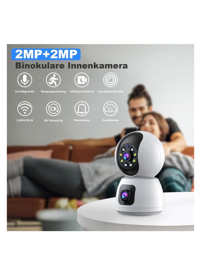 Dual-Lens Indoor Camera, 4MP 360° Dual Lens Smart Security Camera, WiFi Wireless Indoor Security Camera, Expanded Viewing Angle, Motion Tracking, Dual-Screen Display and Audio, Phone Alerts