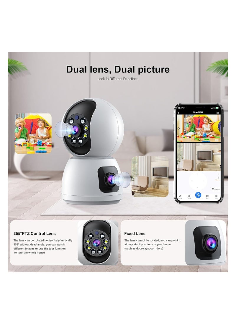 Dual-Lens Indoor Camera, 4MP 360° Dual Lens Smart Security Camera, WiFi Wireless Indoor Security Camera, Expanded Viewing Angle, Motion Tracking, Dual-Screen Display and Audio, Phone Alerts