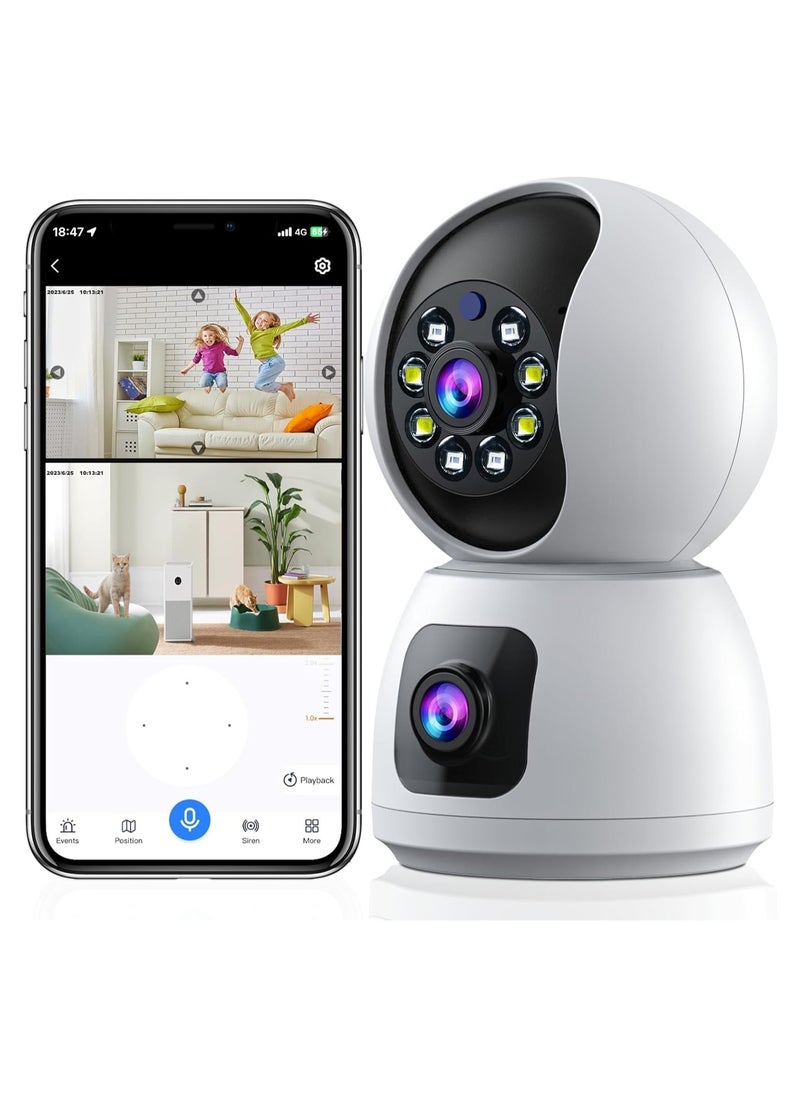 Dual-Lens Indoor Camera, 4MP 360° Dual Lens Smart Security Camera, WiFi Wireless Indoor Security Camera, Expanded Viewing Angle, Motion Tracking, Dual-Screen Display and Audio, Phone Alerts