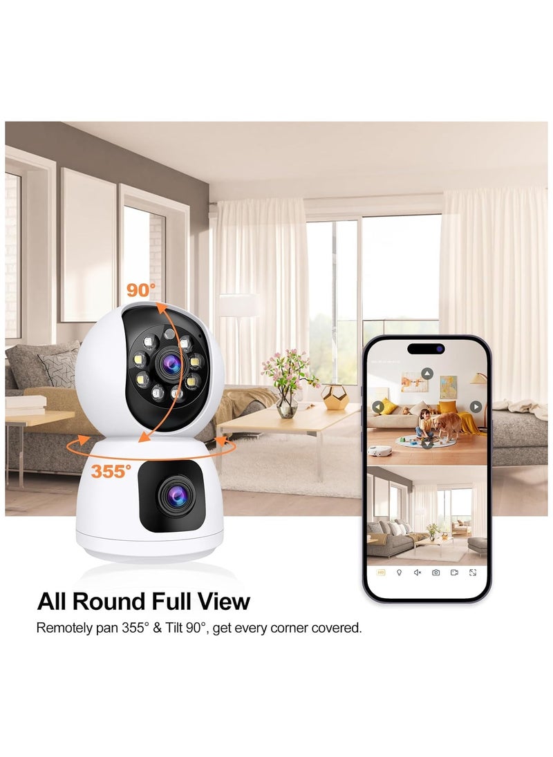 Dual-Lens Indoor Camera, 4MP 360° Dual Lens Smart Security Camera, WiFi Wireless Indoor Security Camera, Expanded Viewing Angle, Motion Tracking, Dual-Screen Display and Audio, Phone Alerts