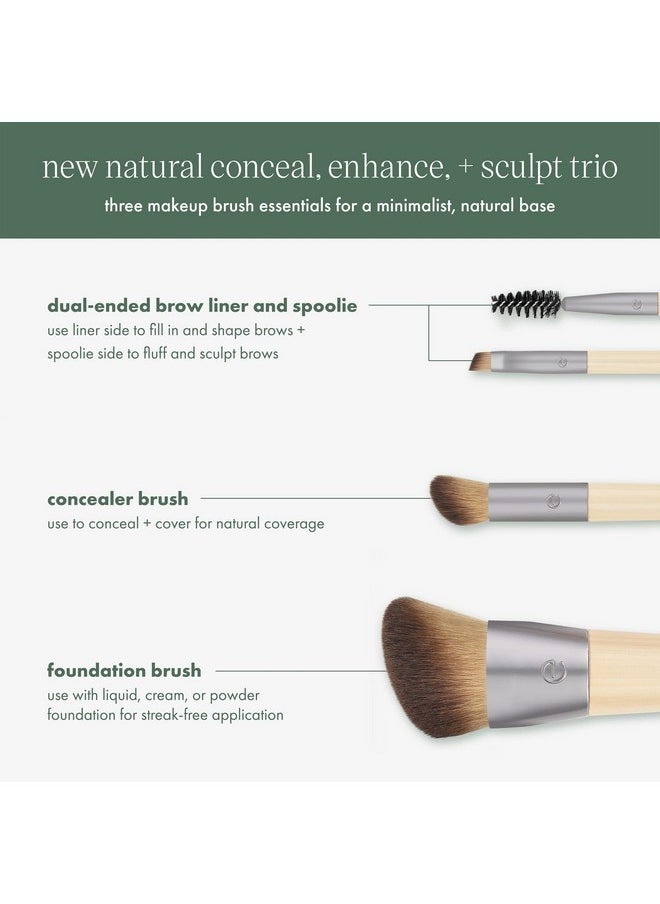 New Natural Conceal, Enhance, & Sculpt Trio, Makeup Brushes For Foundation, Concealer, & Brows, Dense, Synthetic Bristles For Sculpting Face, Vegan & Cruelty-Free, 3 Piece Set