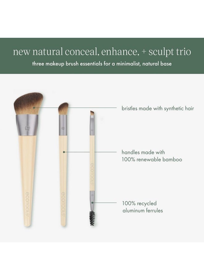 New Natural Conceal, Enhance, & Sculpt Trio, Makeup Brushes For Foundation, Concealer, & Brows, Dense, Synthetic Bristles For Sculpting Face, Vegan & Cruelty-Free, 3 Piece Set