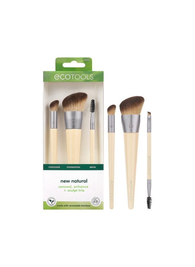 New Natural Conceal, Enhance, & Sculpt Trio, Makeup Brushes For Foundation, Concealer, & Brows, Dense, Synthetic Bristles For Sculpting Face, Vegan & Cruelty-Free, 3 Piece Set