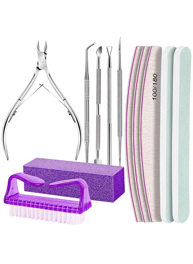 12 PCS Nail Files And Buffer Block Set, Cuticle Nippers with 100/180 Emery Boards Nail Buffer Kit, Pusher Toenail Lifter Peeler Scraper Nail Brush, For Manicure And Pedicure Tools (Purple)