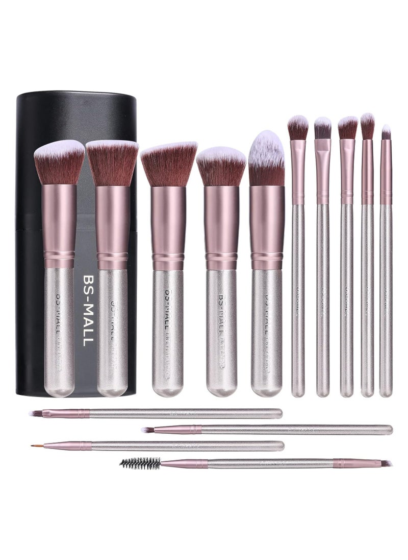 BS-MALL Makeup Brushes Premium Synthetic Foundation Powder Concealers Eye Shadows Makeup 14 Pcs Brush Set Silver Purple with Travel Case