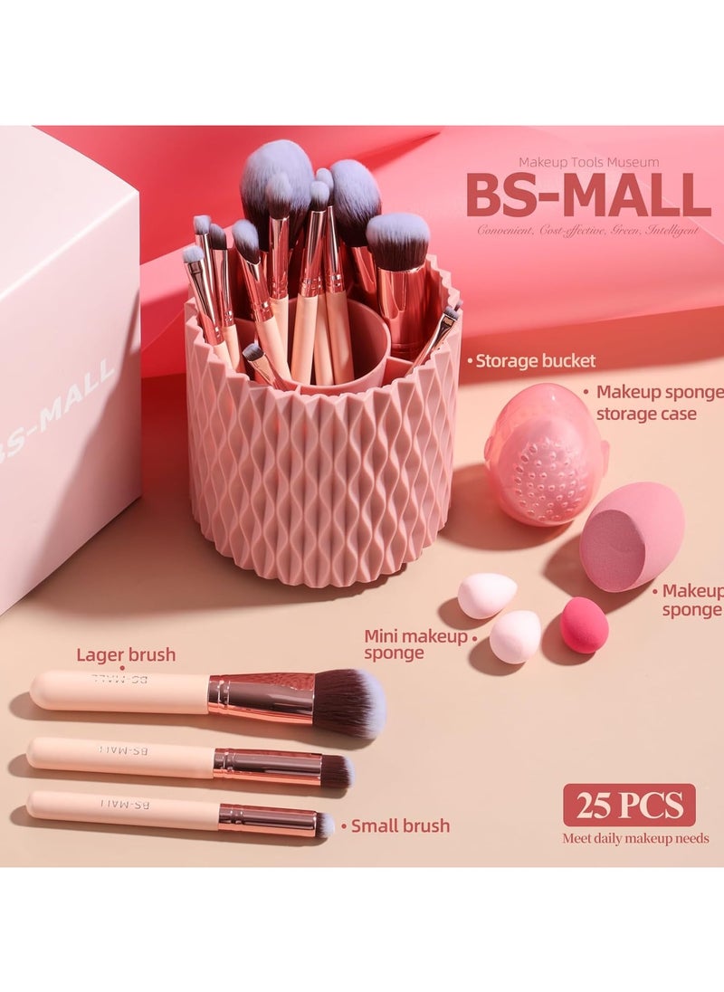 BS-MALL Makeup Brushes Premium Synthetic Foundation Powder Concealers Eye Shadows 25 Pcs Brush Set Included 5 Sponges & Holder Sponge Case Pink