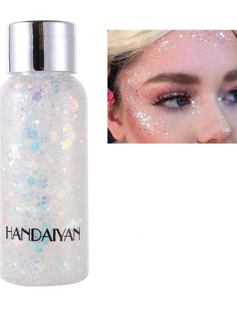 MEICOLY Clear White Body Glitter Face Glitter,Sparkling Chunky Glitter Hair Glitter,Mermaid Face and Body Glitter,Intense Glitter Makeup Glitter Paint, Festival Glitter Gel, Body Glitter for women