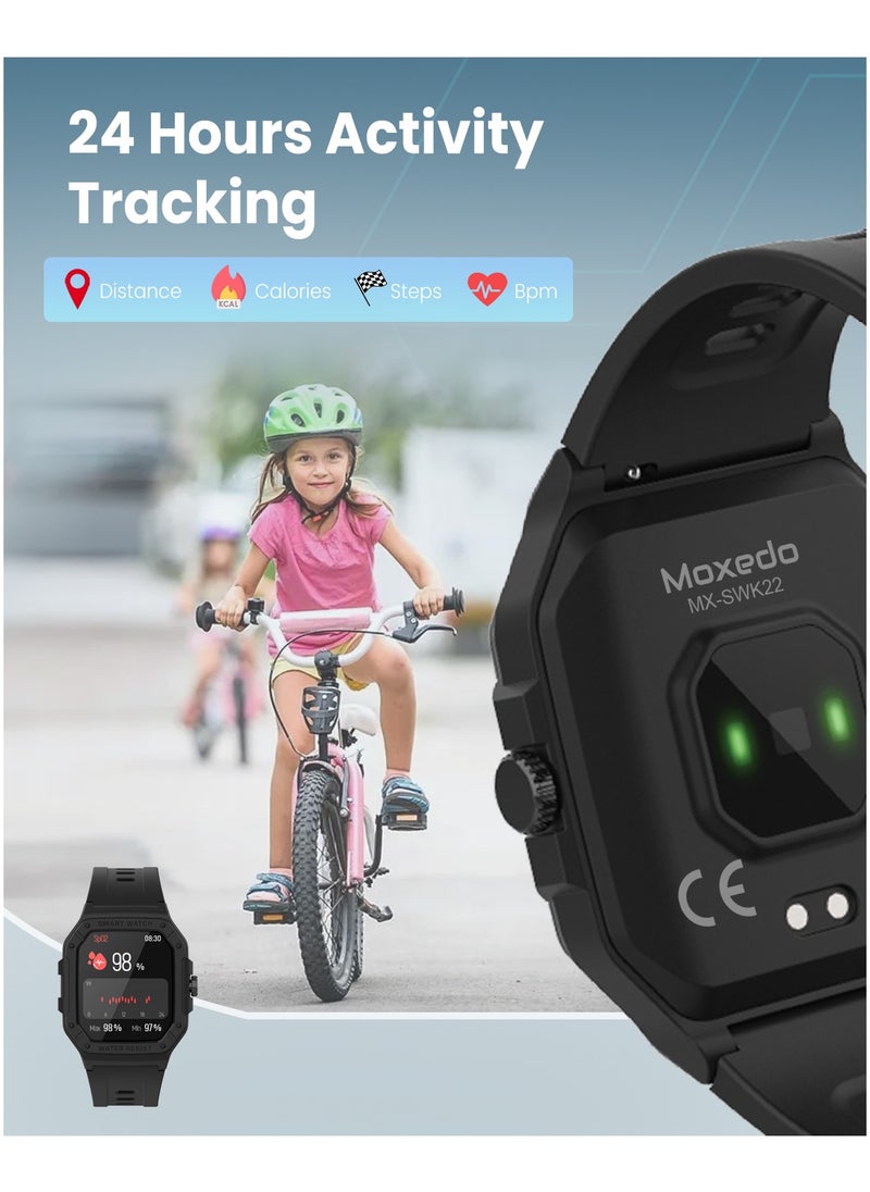 Moxedo Junior SmartWatch 1.7” HD Screen for Girls/Boys with Cool 6 Watch Faces Sleep Mode 22 Sports Modes Alarm Clock Pedometer with Built-in Kids Games (Black)