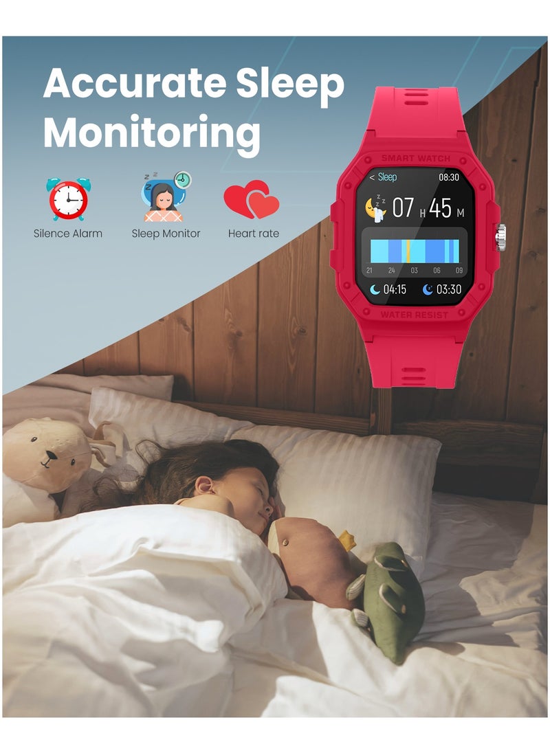 Moxedo Junior SmartWatch 1.7” HD Screen for Girls/Boys with Cool 6 Watch Faces Sleep Mode 22 Sports Modes Alarm Clock Pedometer with Built-in Kids Games (Red)