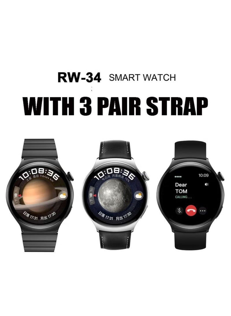 RW-34 AMOLED Display Smart Watch for Men & Boys – 3 Interchangeable Straps, Fitness & Health Tracking, Sleek & Stylish Design for Everyday Use