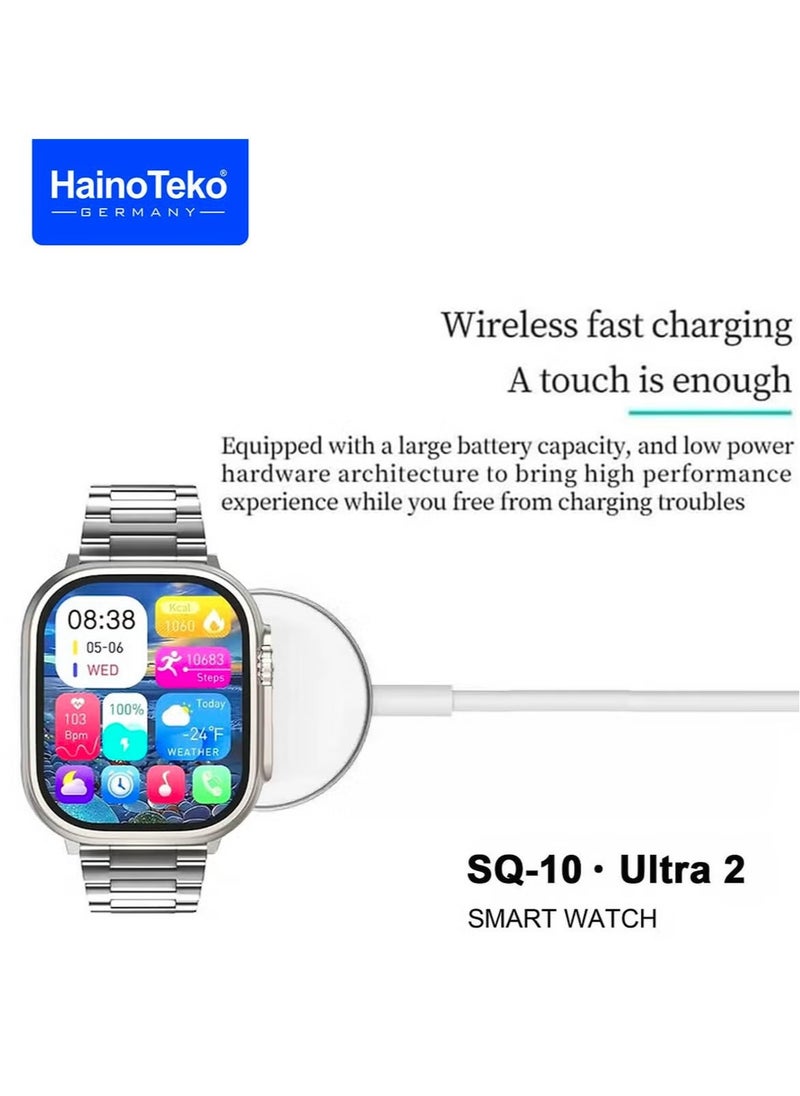 SQ10 Ultra 2 AMOLED Display Smart Watch for Gents and Boys – 4 Pair Straps & Wireless Charger Included – Sleek Silver Design, Advanced Fitness & Health Features