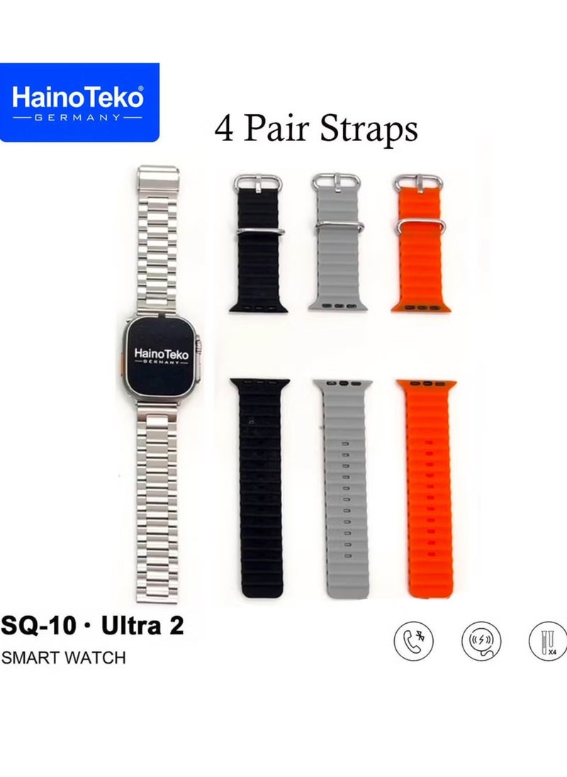 SQ10 Ultra 2 AMOLED Display Smart Watch for Gents and Boys – 4 Pair Straps & Wireless Charger Included – Sleek Silver Design, Advanced Fitness & Health Features