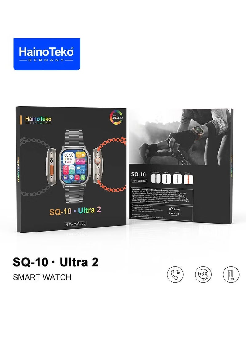 SQ10 Ultra 2 AMOLED Display Smart Watch for Gents and Boys – 4 Pair Straps & Wireless Charger Included – Sleek Silver Design, Advanced Fitness & Health Features