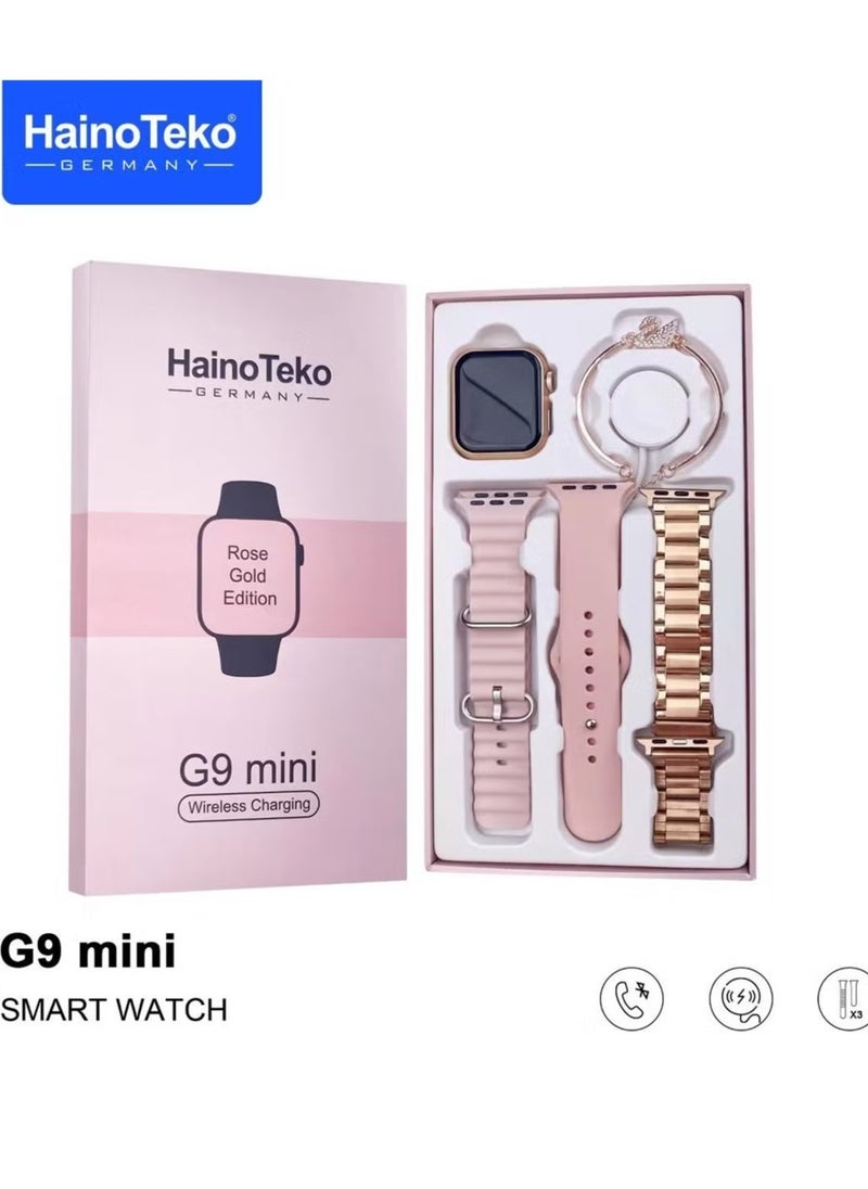 G9 Mini Rose Gold Edition Ladies Smart Watch – Elegant Design with Three Set Straps & Stylish Bracelet Combo, Fitness & Health Tracking, Smart Connectivity