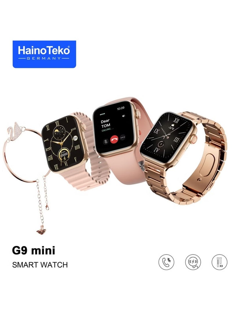 G9 Mini Rose Gold Edition Ladies Smart Watch – Elegant Design with Three Set Straps & Stylish Bracelet Combo, Fitness & Health Tracking, Smart Connectivity