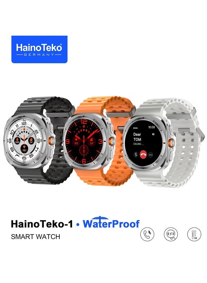 1 Ultra Waterproof Smartwatch with AMOLED Display – Sleek Silver Design, 3 Interchangeable Straps, Fitness & Health Tracking, Smart Connectivity for Men