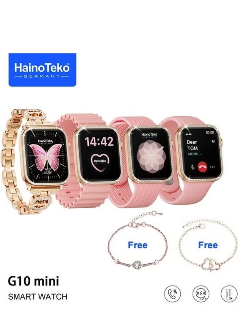 G10 Mini AMOLED Display Smartwatch for Ladies – Stylish Design with 4 Interchangeable Straps, 2 Elegant Bracelets, Fitness Tracking, and Smart Connectivity