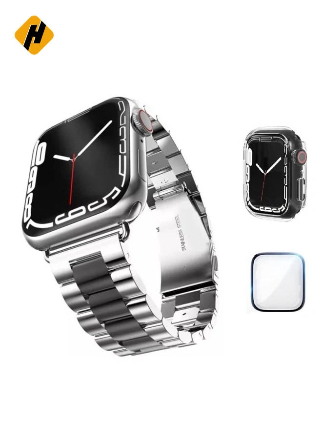 Stainless Steel Metal Strap Compatible Apple Watch 49mm/45mm/44mm/42m with Add on Screen Protector | Case Protector