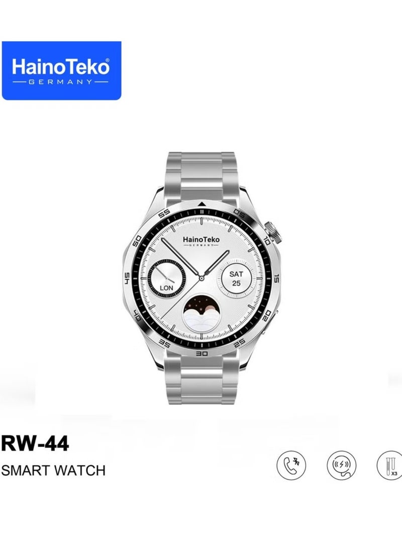 RW44 Round Screen AMOLED Display Smart Watch for Gents & Boys – 3 Pair Straps, Wireless Charger, Fitness Tracking, Stylish Silver Design, Smart Connectivity