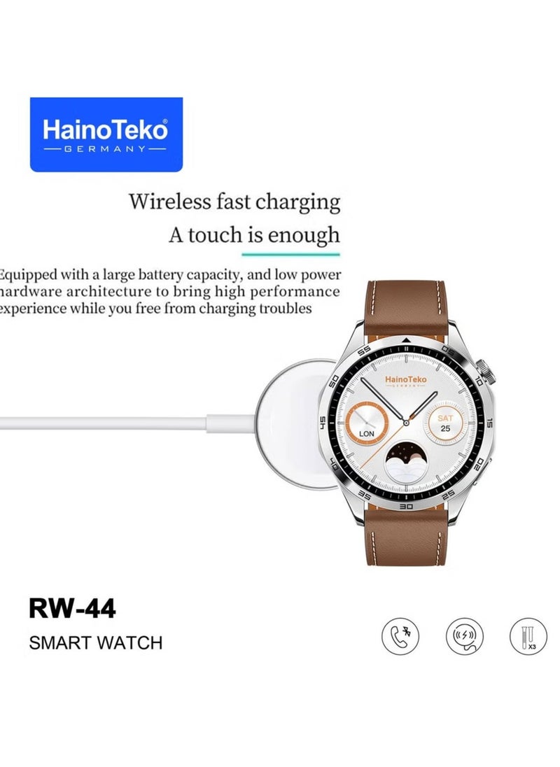 RW44 Round Screen AMOLED Display Smart Watch for Gents & Boys – 3 Pair Straps, Wireless Charger, Fitness Tracking, Stylish Silver Design, Smart Connectivity