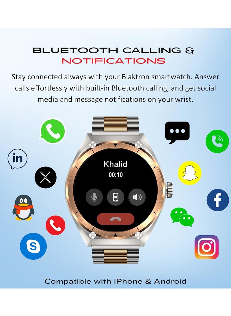 Blaktron Infiniti X3 Smart Watches for Men - 1.43” AMOLED Display, Fitness Tracker, Bluetooth Calling, Water Resistant, Long Battery Life, Dual Strap Smartwatch for Android/iOS (Silver/Gold)