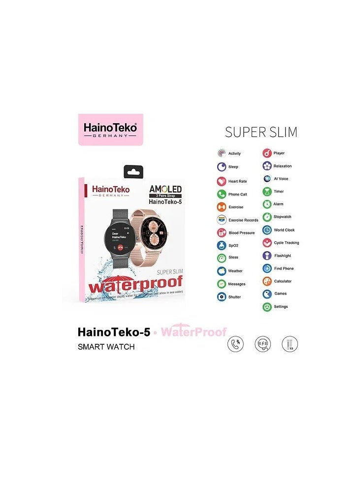 Haino Teko 5 Super Slim Smart Watch For Women AMOLED Display WATERPROOF 3 Pairs of Straps