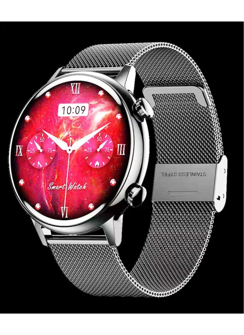 Princess Edition Ladies Smart Watch – 1.1 Inch Round AMOLED Display, IP68 Waterproof Technology, Wireless Charger, Elegant Silver Design for Women and Girls