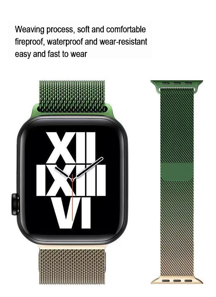 Gold-green gradient woven metal watch strap is adjustable and compatible with Apple Watch 1-9 generations SE42/44/45/49mm iWatch watch strap