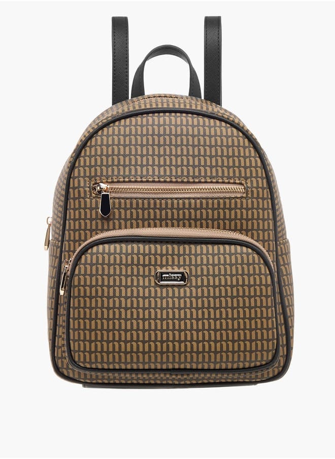 Monogram Print Backpack with Adjustable Straps and Zip Closure