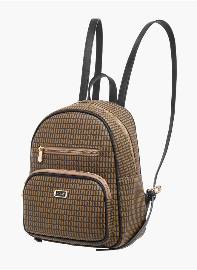 Monogram Print Backpack with Adjustable Straps and Zip Closure