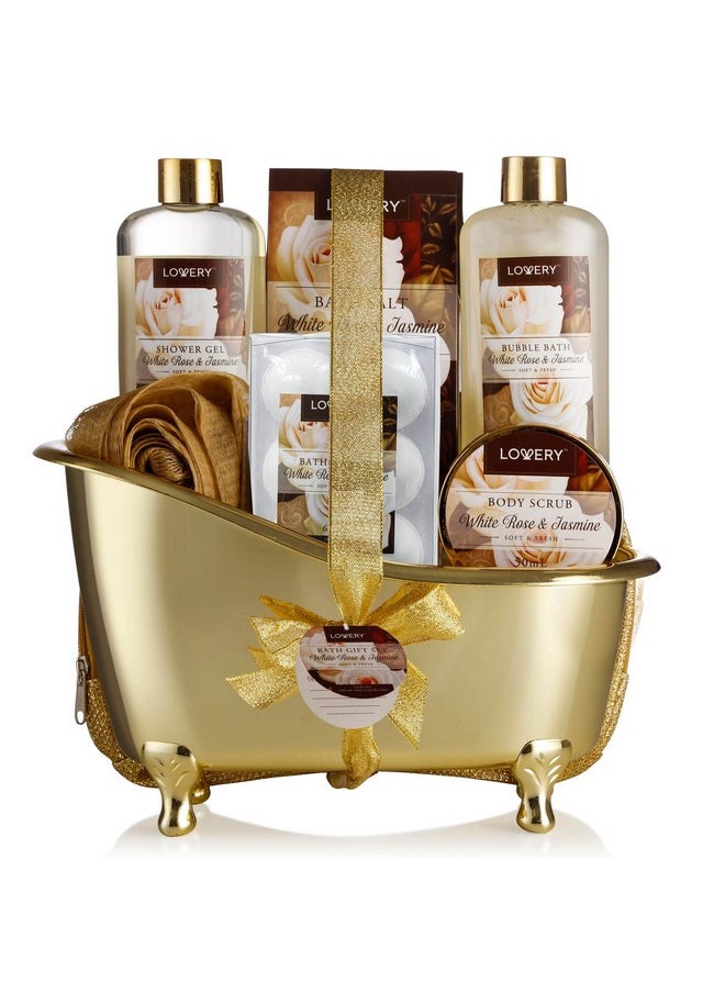 Christmas Gifts, Home Spa Gift Basket, Luxury 13Pc Bath & Body Set For Men & Women, White Rose & Jasmine Scent - Shower Gel, Bubble Bath, Body Scrub, Salts, 6 Bath Bombs, Pouf, Cosmetic Bag & Gold Tub