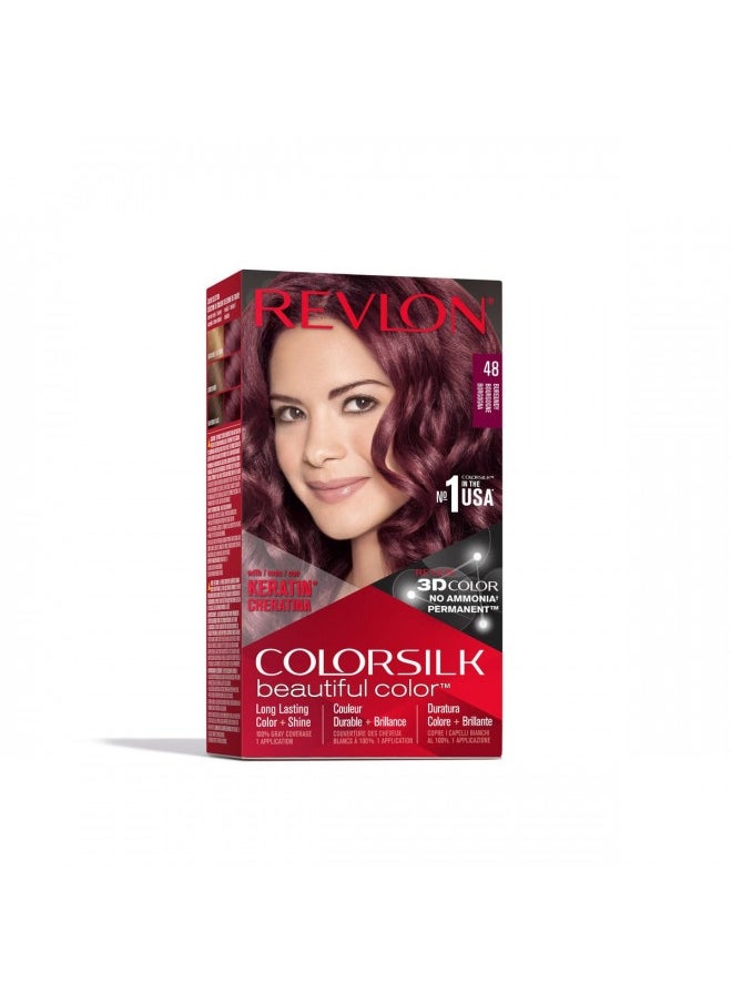 Revlon Colorsilk Beautiful Color Permanent Hair Color With 3D Gel Technology Keratin 100 Grey Coverage Hair Dye, 48 Burgundy, 1 Count