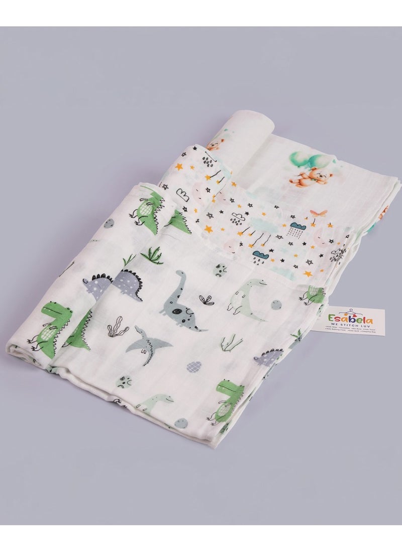 Baby Swaddle Set 3-Pieces Baby Cover, Soft & Breathable Baby Cloth, Perfect for Sleep & Cuddles, Multi-function Baby Blanket for Age 0+ months - Dinosaurs/Cloud & Star/Green Teddy Collection