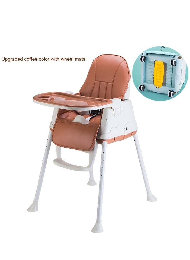 Multifunctional Baby Dining Chair, PP Material, Children's Three-Speed Dining Tray, Adjustable Universal Wheels, Multi-Purpose Detachable Portable Dining Chair - Brown (With Wheels And Leather Pad)