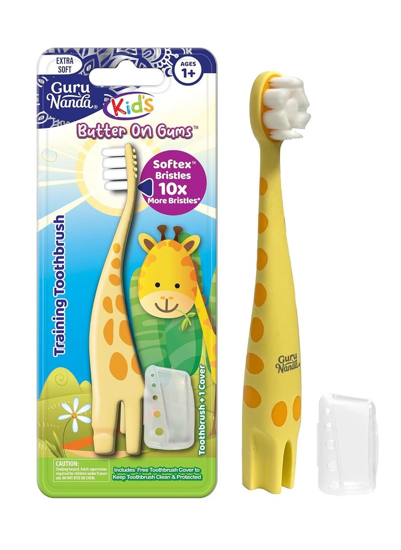 GuruNanda Kids Butter On Gums Cute Giraffe Toothbrush with Tongue Scraper & Cover - Super Soft Bristles for Gentle Cleaning -Ergonomic Handle (Age 1+)