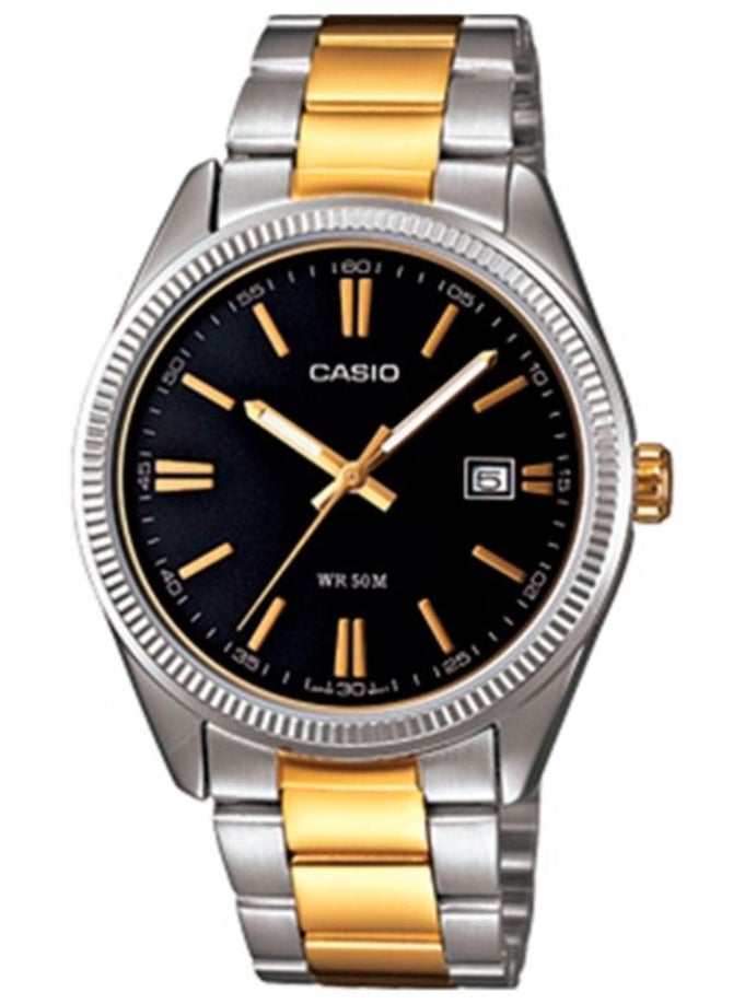 Casio Men's Silver and Gold strap Black dial watch MTP-1302SG-1BVDF