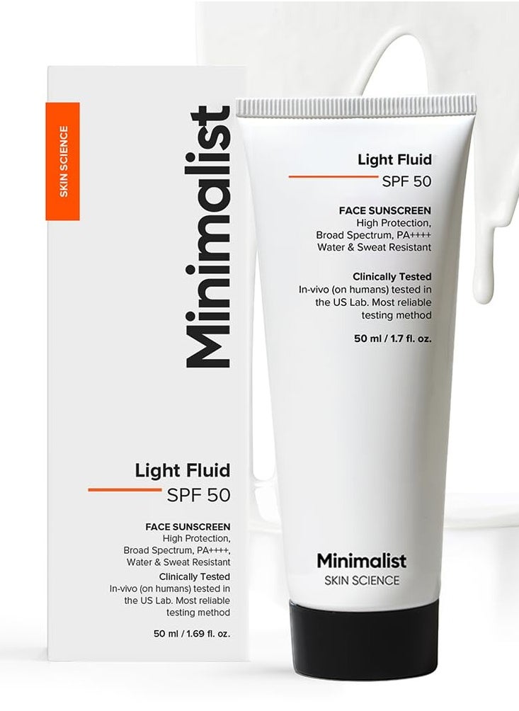 Light Fluid Sunscreen SPF 50 PA++++ | Clinically Tested in US | No White Cast | Broad Spectrum | Lightweight, Water & Sweat Resistant Sunscreen for Oily Skin | For Women & Men | 50ml