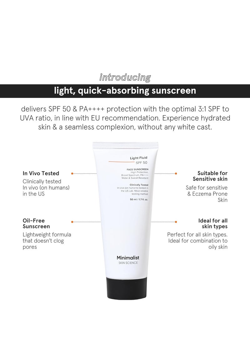 Light Fluid Sunscreen SPF 50 PA++++ | Clinically Tested in US | No White Cast | Broad Spectrum | Lightweight, Water & Sweat Resistant Sunscreen for Oily Skin | For Women & Men | 50ml