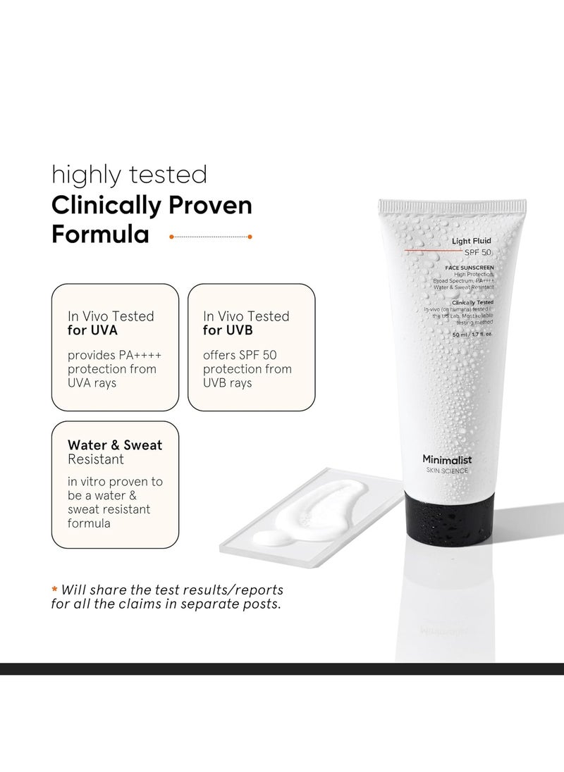 Light Fluid Sunscreen SPF 50 PA++++ | Clinically Tested in US | No White Cast | Broad Spectrum | Lightweight, Water & Sweat Resistant Sunscreen for Oily Skin | For Women & Men | 50ml